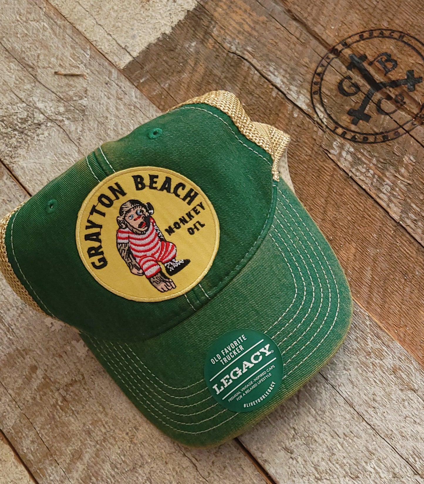 Grayton Beach Monkey Oil Trucker Hat Kelly Green/Khaki